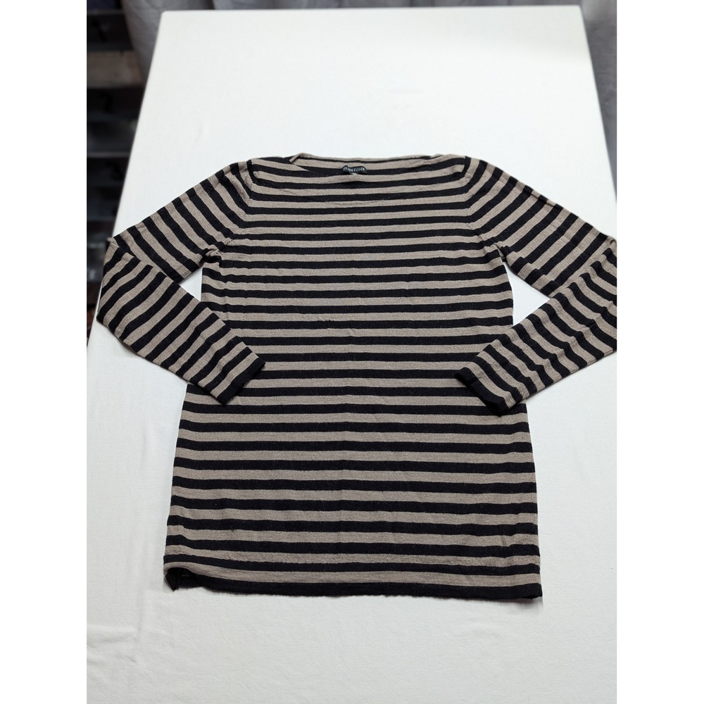 Eileen Fisher 100% Italian Merino Wool Stripe Boat Neck Sweater Black Tan Size L